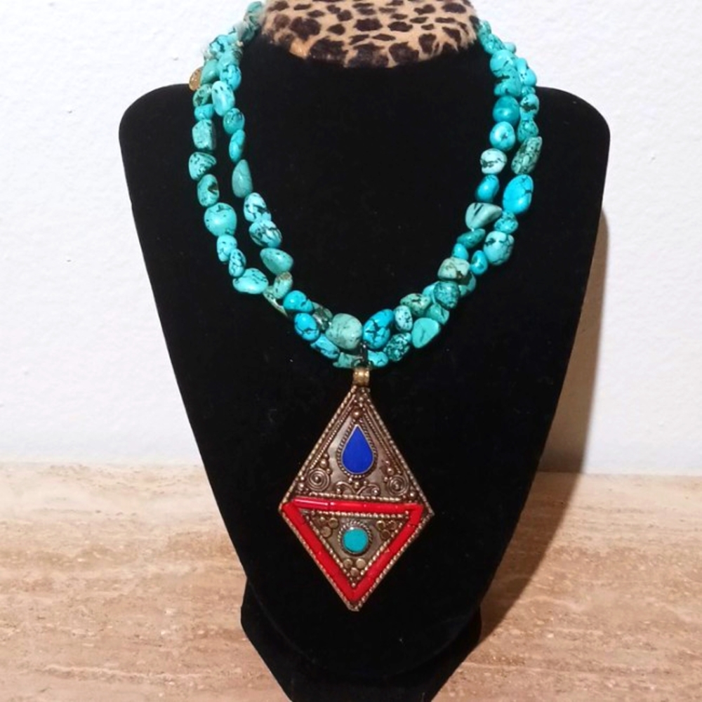 Blue Moon Turquoise, Turquoise and Red Coral Pendant and Turquoise Necklace